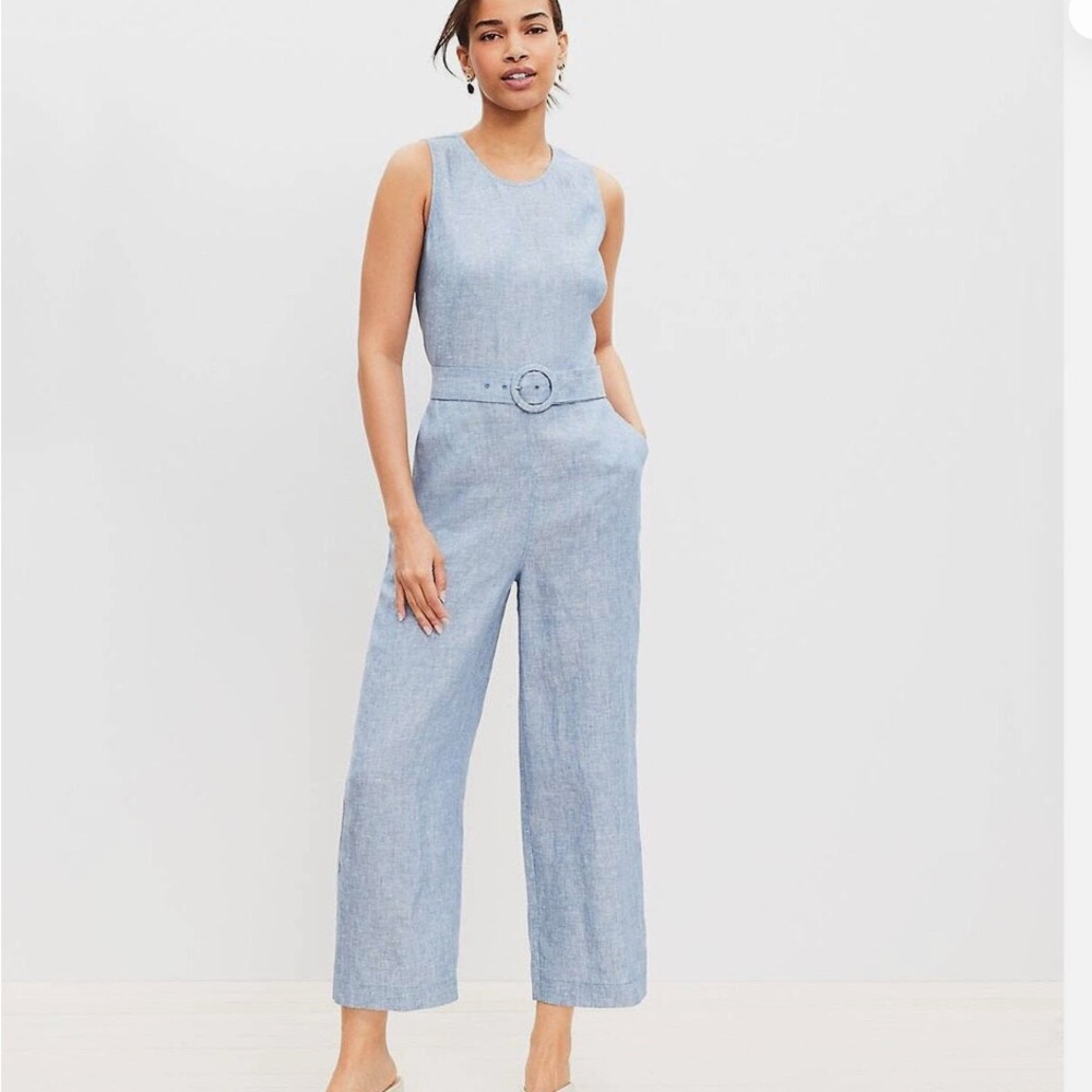 LOFT Blue Sleeveless Jumpsuit with Wide-Leg Cropped Pants